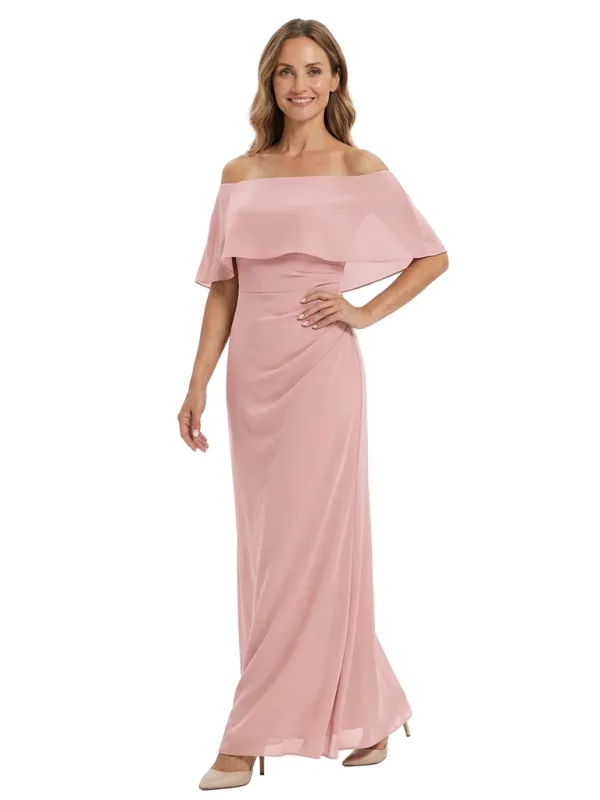 Chicsew Stunning Off Shoulder Ruched Floor-Length Chiffon Mother of The Bride Gown sold by ChicSew