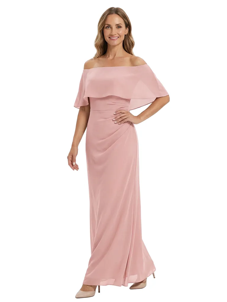 Chicsew Stunning Off Shoulder Ruched Floor-Length Chiffon Mother of The Bride Gown sold by ChicSew