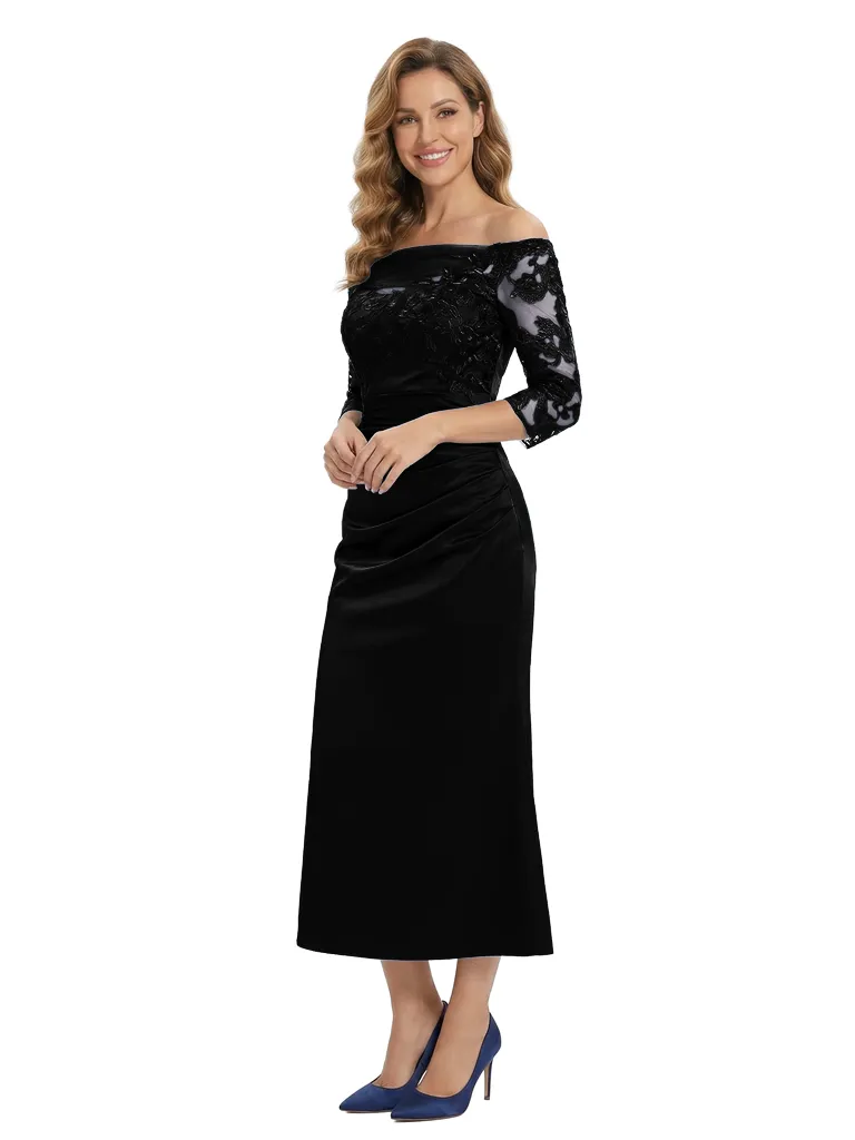 Chicsew Elegant Off Shoulder Lace Mother of The Groom Dress 3/4 Sleeves Satin Midi Classy Formal Occasion Gown sold by ChicSew product image thumbnail 4