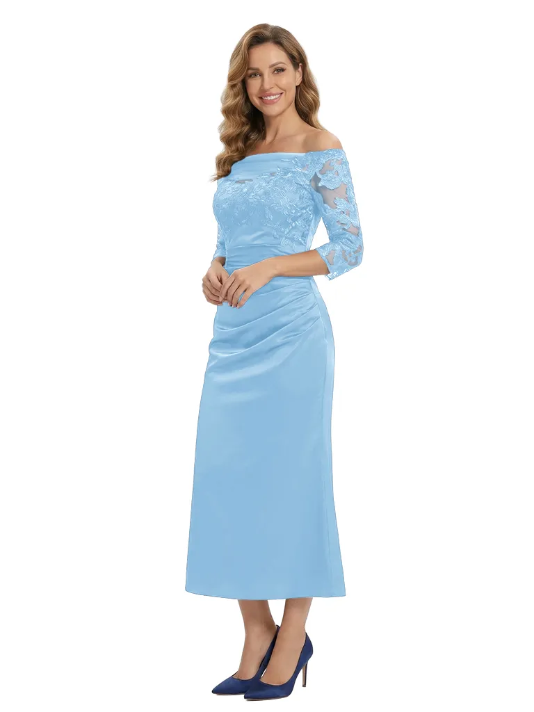 Chicsew Elegant Off Shoulder Lace Mother of The Groom Dress 3/4 Sleeves Satin Midi Classy Formal Occasion Gown sold by ChicSew product image thumbnail 5