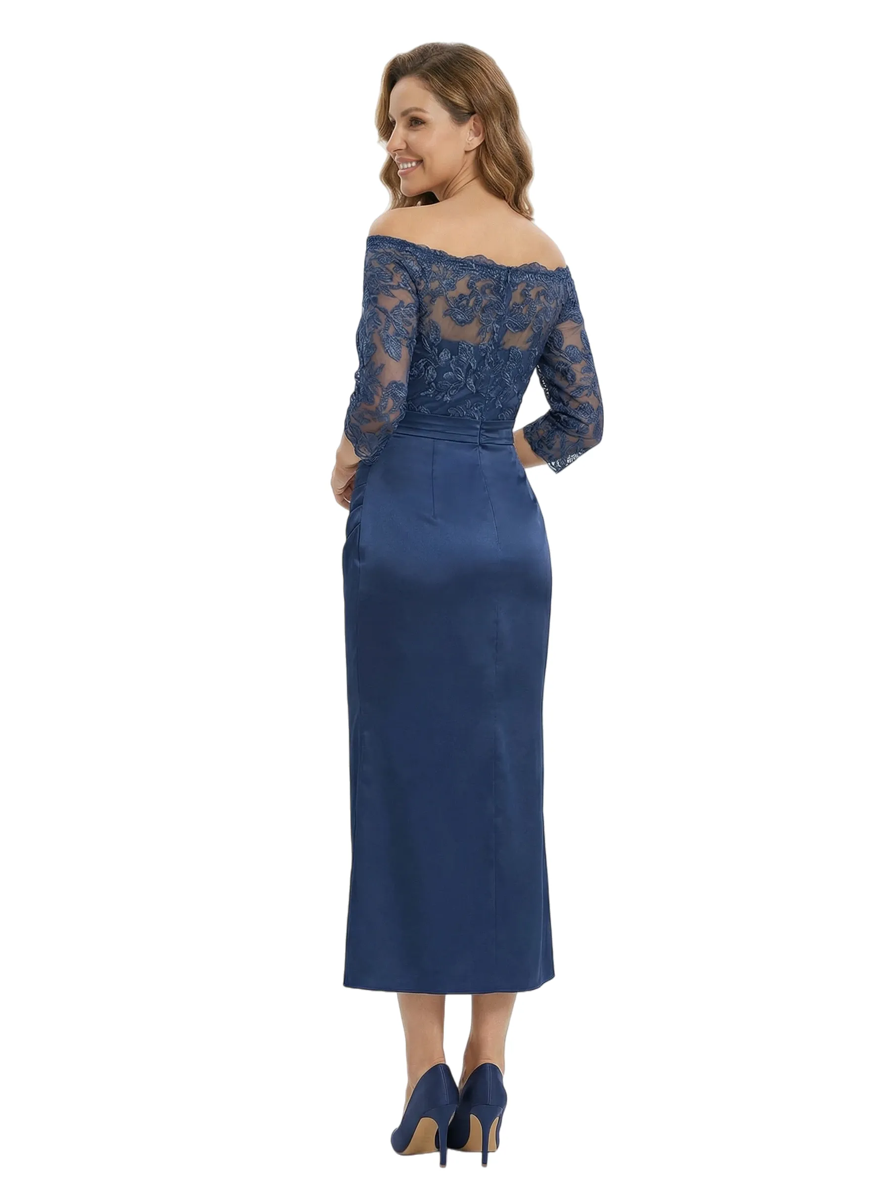 Chicsew Elegant Off Shoulder Lace Mother of The Groom Dress 3/4 Sleeves Satin Midi Classy Formal Occasion Gown sold by ChicSew product image thumbnail 3