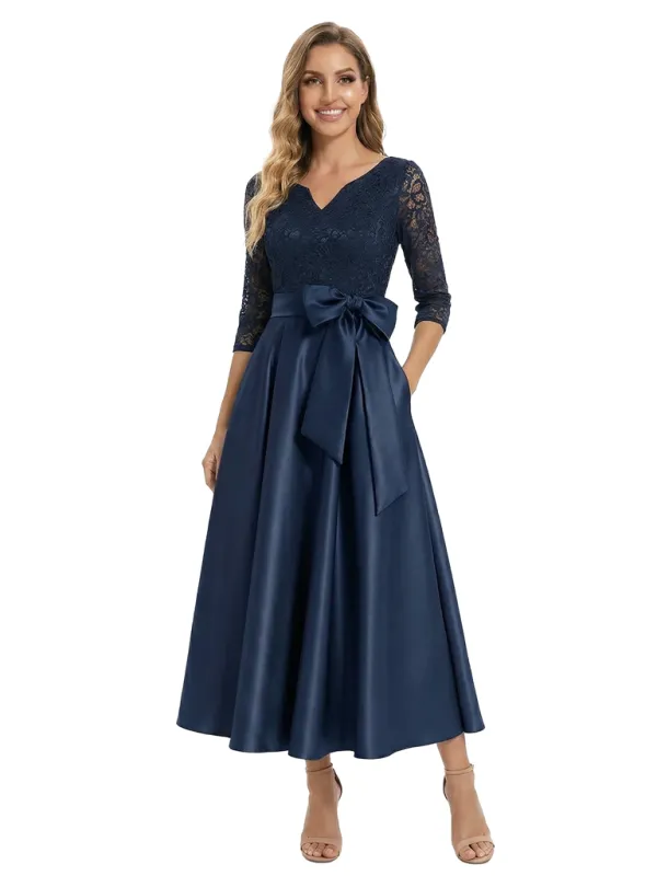 Chicsew Elegant Lace TOP 3/4 Sleeve Satin A-Line Mother of The Bride Dresses With Bow Knot sold by ChicSew