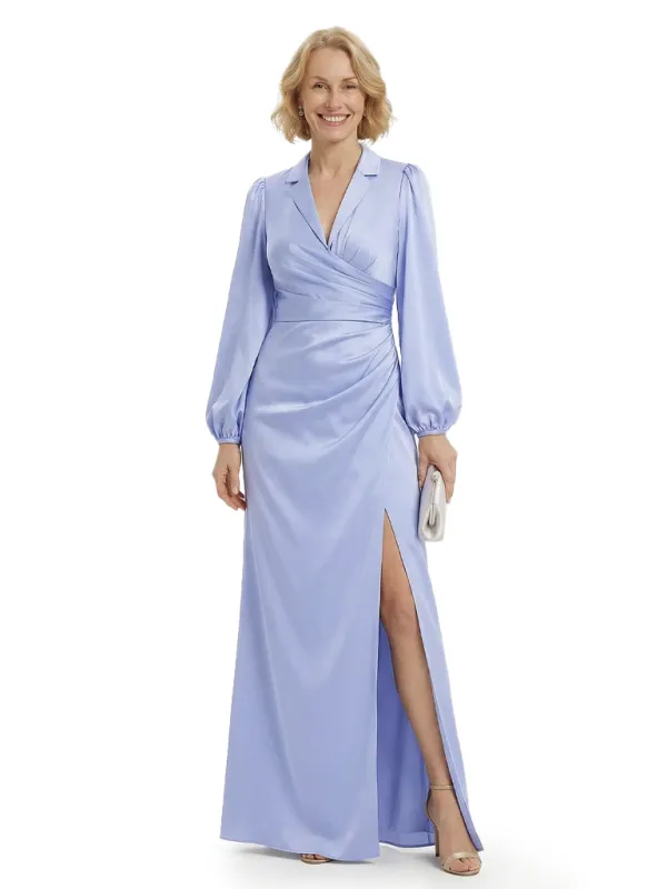 Chicsew Elegant Side Slit Silky Satin Long Sleeves Ruched Mother Of The Groom Formal Gown sold by ChicSew