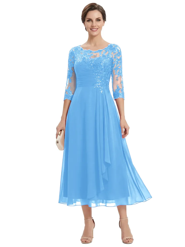 Chicsew Pretty Scoop 3/4 Sleeve Lace Sequin Mother of The Groom Dress Asymmetric Midi Chiffon Gown sold by ChicSew product image thumbnail 5