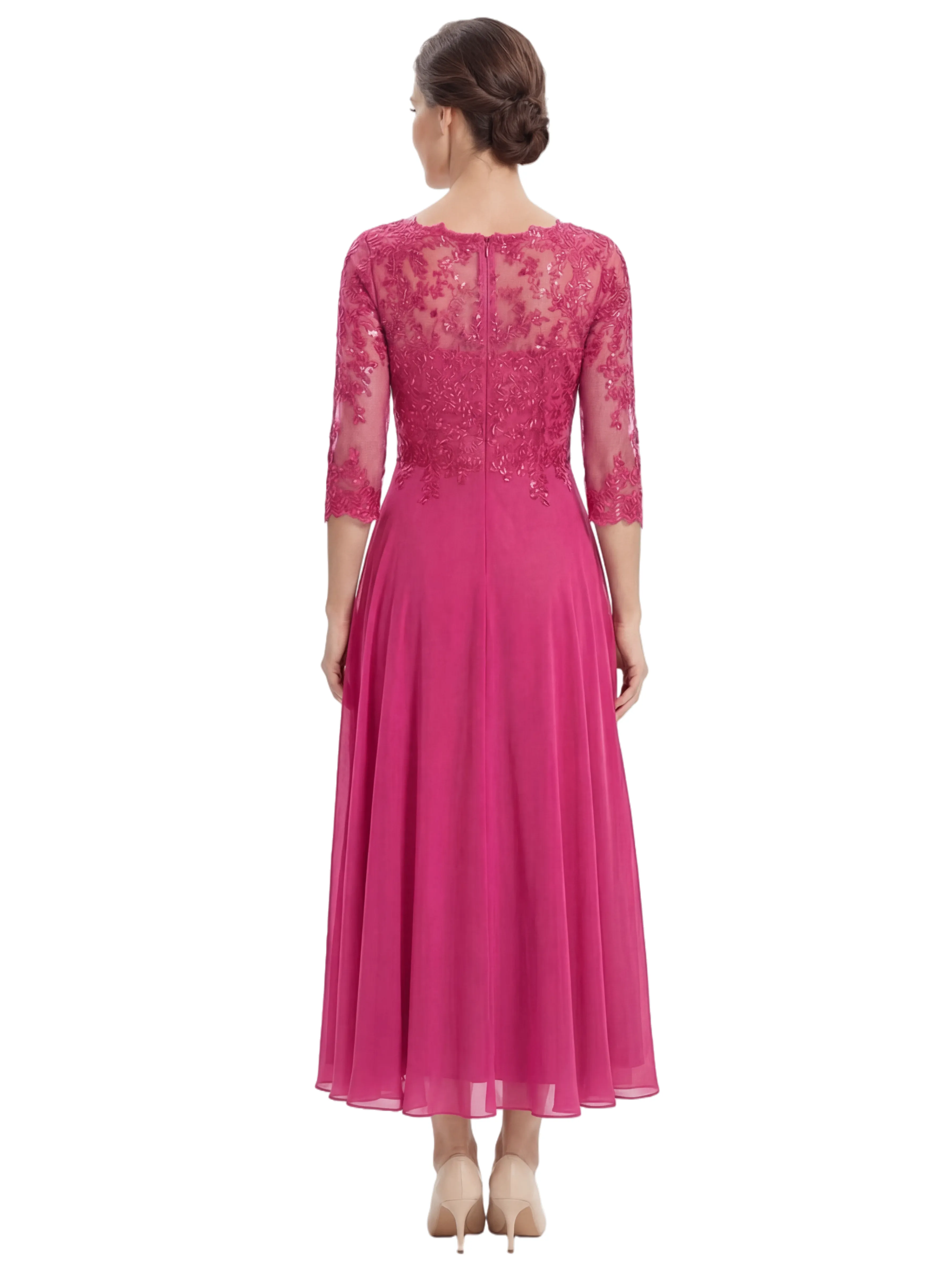 Chicsew Pretty Scoop 3/4 Sleeve Lace Sequin Mother of The Groom Dress Asymmetric Midi Chiffon Gown sold by ChicSew product image thumbnail 3
