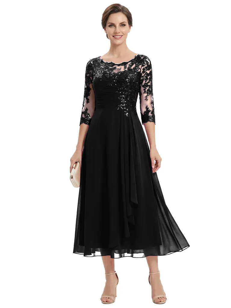Chicsew Pretty Scoop 3/4 Sleeve Lace Sequin Mother of The Groom Dress Asymmetric Midi Chiffon Gown sold by ChicSew product image thumbnail 4