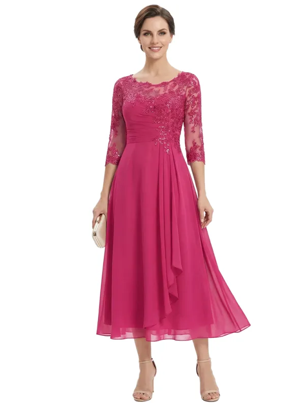 Chicsew Pretty Scoop 3/4 Sleeve Lace Sequin Mother of The Groom Dress Asymmetric Midi Chiffon Gown sold by ChicSew