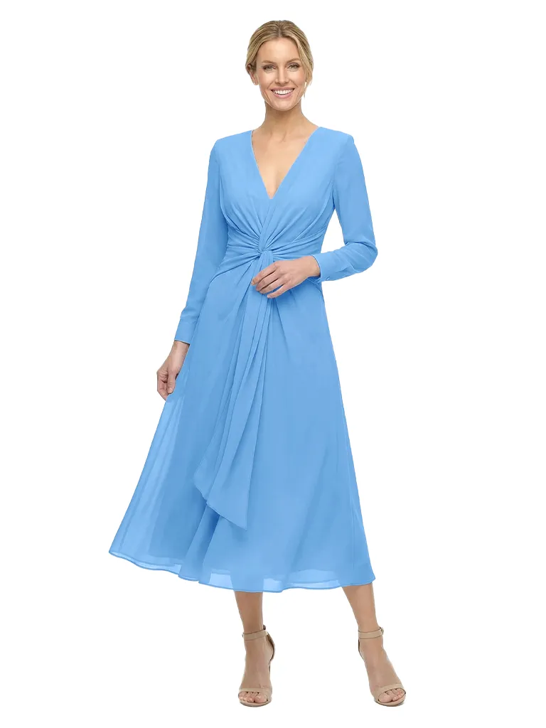 Chicsew Modern V-Neck Tea-Length Long Sleeves Ruched A-Line Chiffon Mother Of The Bride Dresses sold by ChicSew product image thumbnail 5