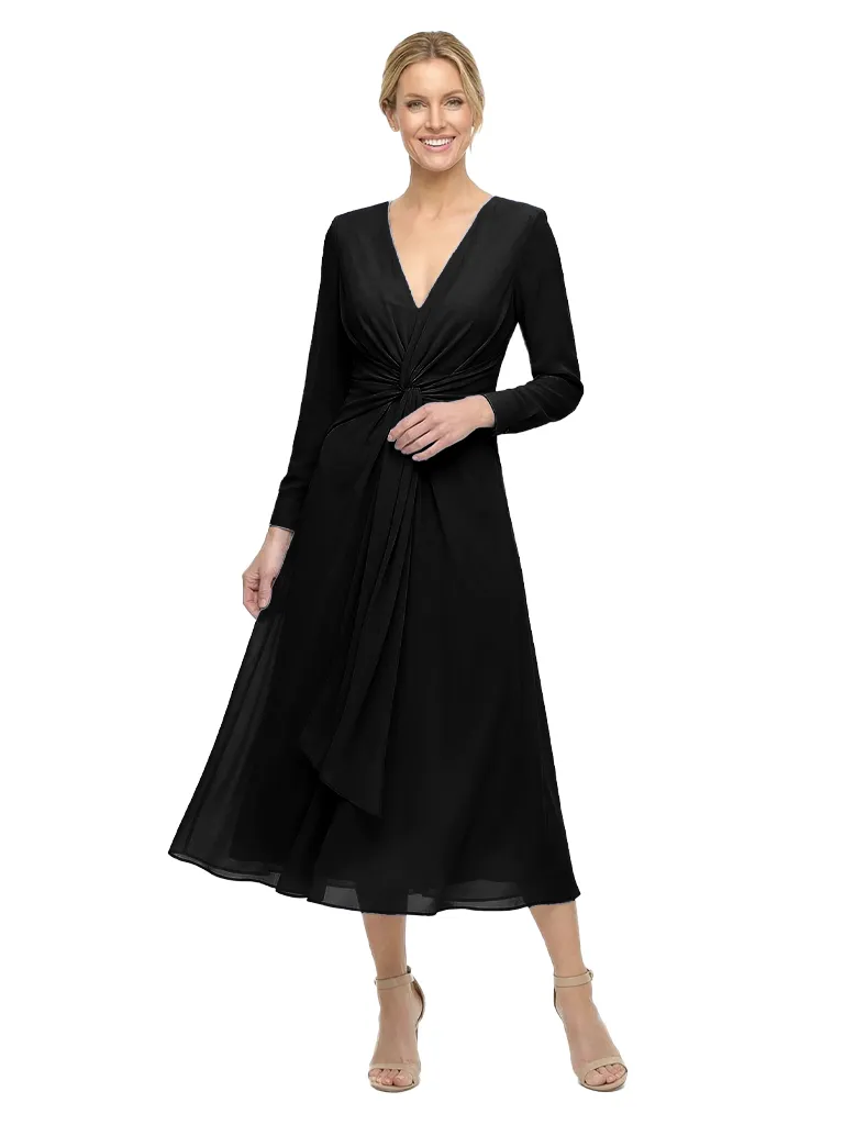 Chicsew Modern V-Neck Tea-Length Long Sleeves Ruched A-Line Chiffon Mother Of The Bride Dresses sold by ChicSew product image thumbnail 4