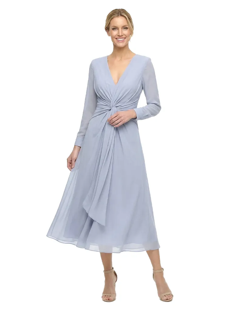 Chicsew Modern V-Neck Tea-Length Long Sleeves Ruched A-Line Chiffon Mother Of The Bride Dresses sold by ChicSew