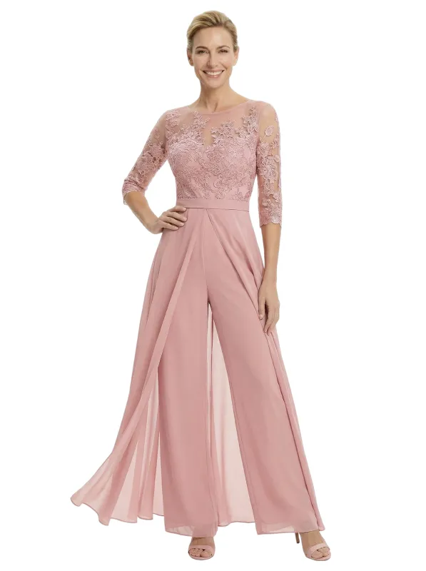 Chicsew Stylish Illusion 3/4 Sleeve Lace Mother of The Bride Jumpsuit Flowy Chiffon Modern Occasion Wear made by ChicSew