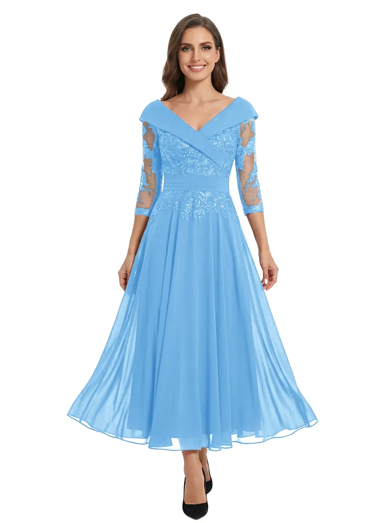 Chicsew Unique V-Neck 3/4 Sleeve Lace Sequin Mother of The Groom Dress Flowy Midi Chiffon Fancy Formal Gown sold by ChicSew product image thumbnail 5