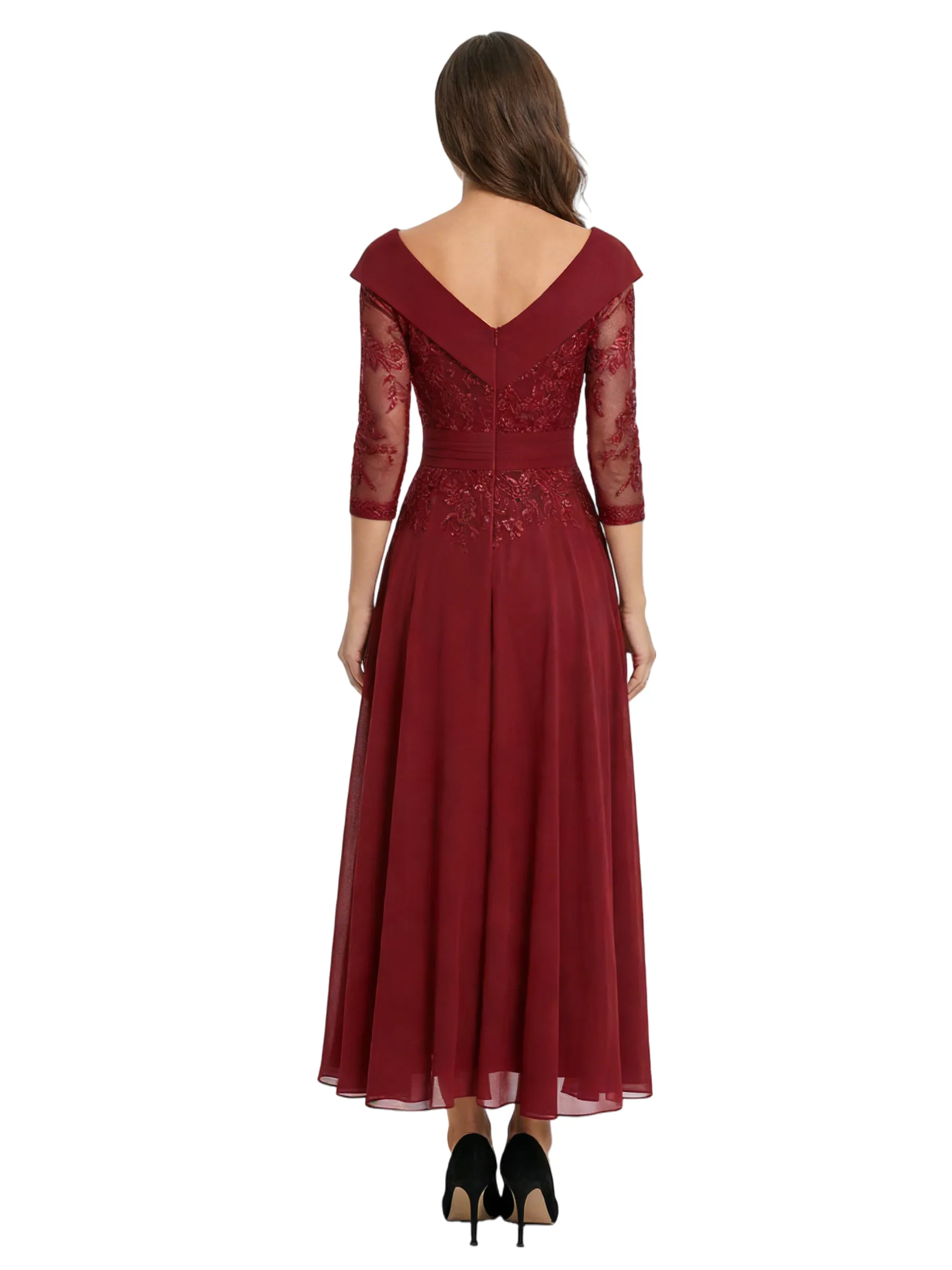 Chicsew Unique V-Neck 3/4 Sleeve Lace Sequin Mother of The Groom Dress Flowy Midi Chiffon Fancy Formal Gown sold by ChicSew product image thumbnail 3