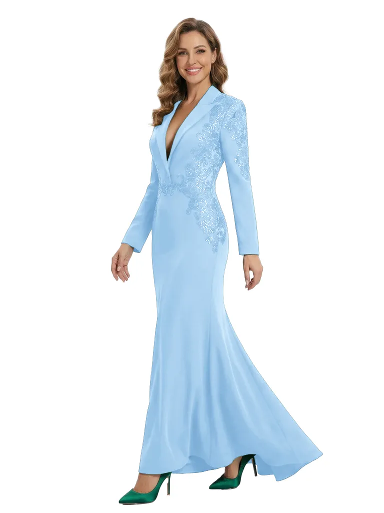 Chicsew Fancy Long Sleeve Satin Mother of The Groom Dress Sequin Lace Accents Fitted Mermaid Elegant Formal Gown sold by ChicSew product image thumbnail 5