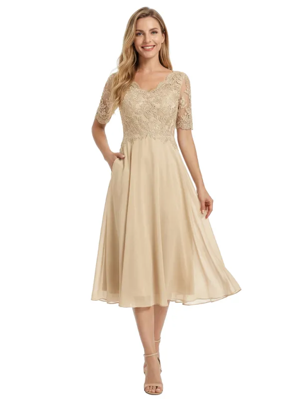 Chicsew Beautiful Lace Overlay Mother of The Bride Dress Half Sleeves Midi Chiffon Classy Occasion Gown sold by ChicSew