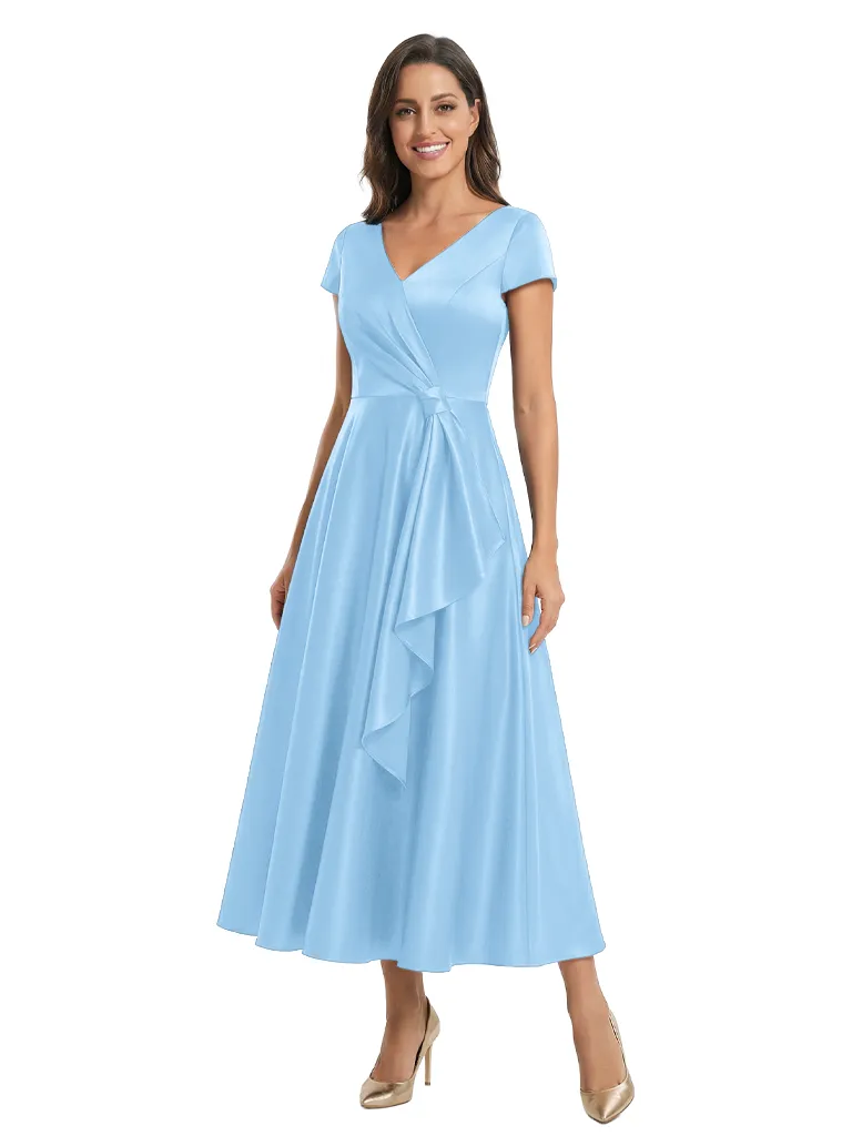 Elegant Cap Sleeves V-Neck Ruffles Ankle-Length Satin Mother Of The Bride Dresses sold by ChicSew product image thumbnail 5