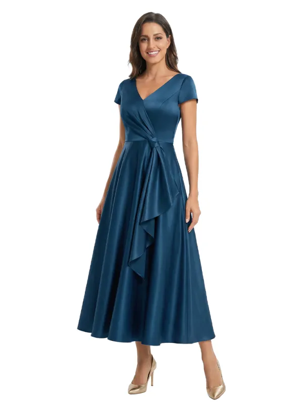 Elegant Cap Sleeves V-Neck Ruffles Ankle-Length Satin Mother Of The Bride Dresses sold by ChicSew