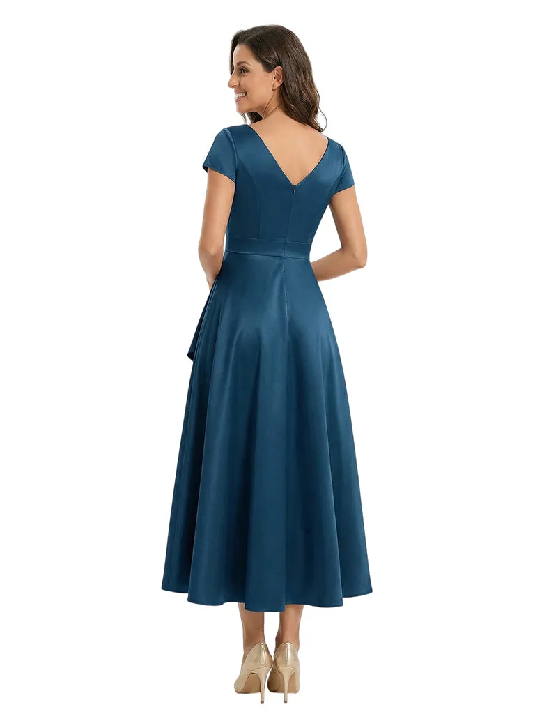 Elegant Cap Sleeves V-Neck Ruffles Ankle-Length Satin Mother Of The Bride Dresses sold by ChicSew product image thumbnail 3