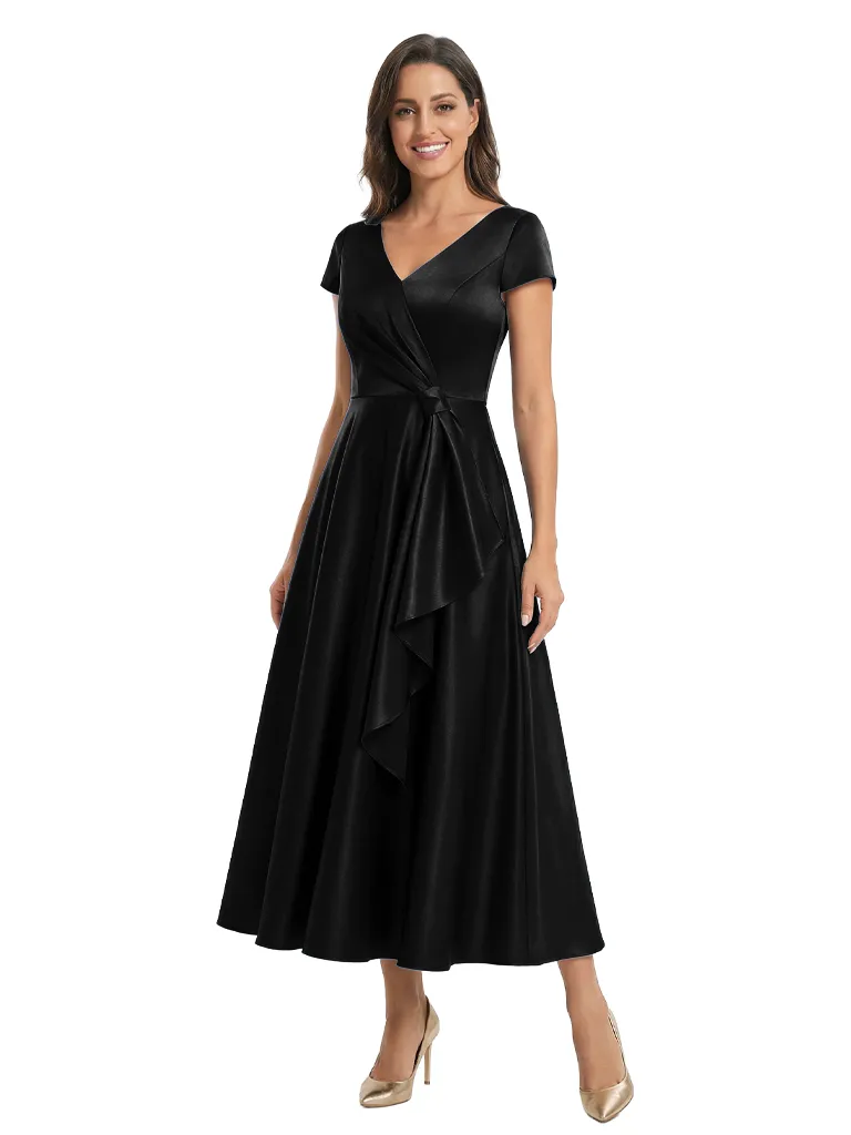 Elegant Cap Sleeves V-Neck Ruffles Ankle-Length Satin Mother Of The Bride Dresses sold by ChicSew product image thumbnail 4