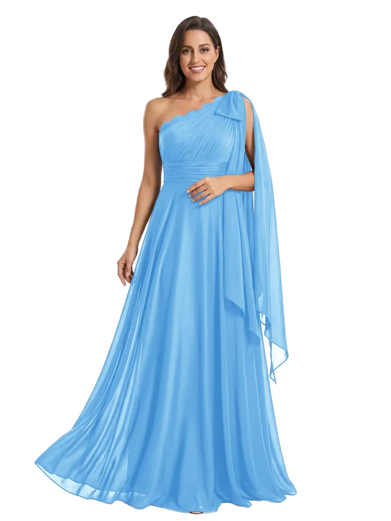 Elegant One Shoulder Sleeveless A-Line Chiffon Mother Of The Bride Dress With Bow Knot sold by ChicSew product image thumbnail 5