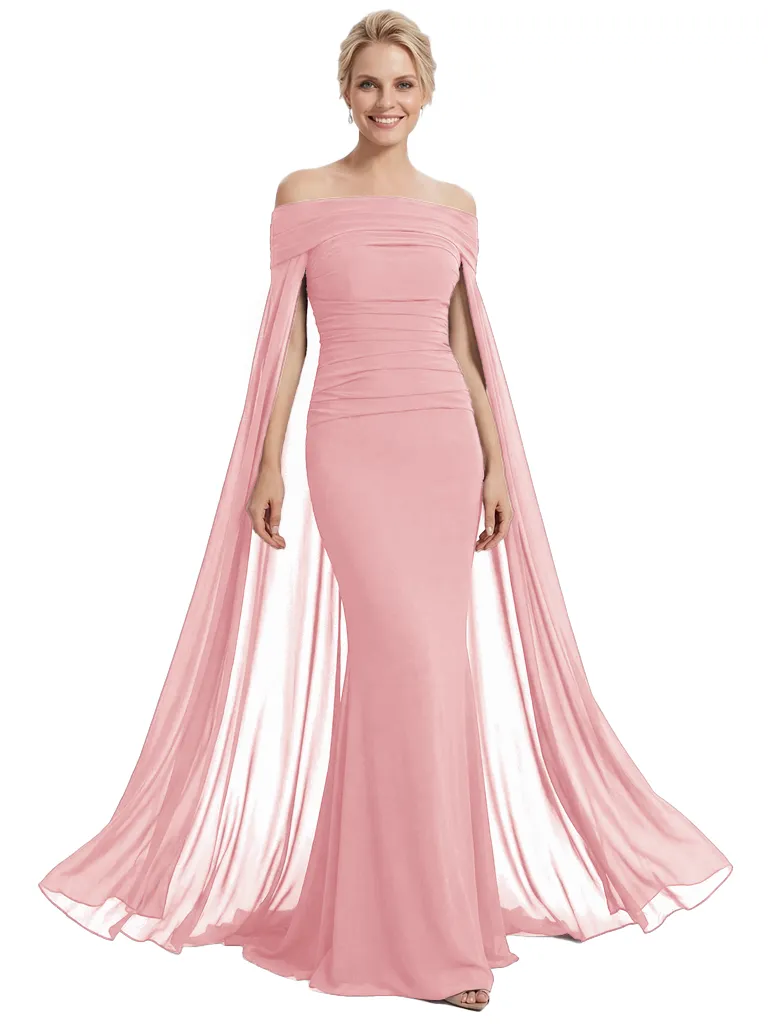 Stunning Off The Shoulder Cape Sleeves Ruched Mermaid Long Mother Of The Groom Dress sold by ChicSew product image thumbnail 5