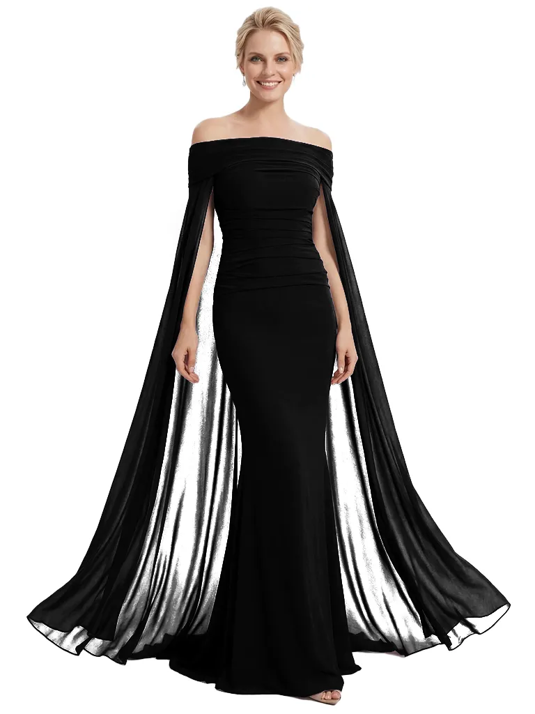 Stunning Off The Shoulder Cape Sleeves Ruched Mermaid Long Mother Of The Groom Dress sold by ChicSew product image thumbnail 3