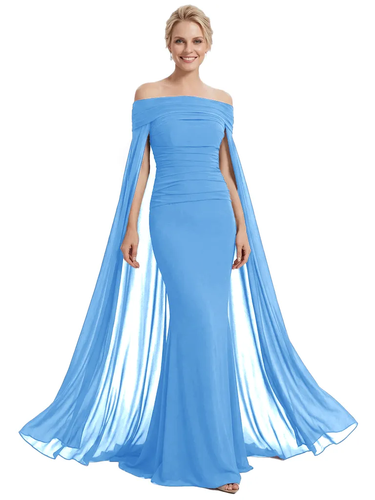 Stunning Off The Shoulder Cape Sleeves Ruched Mermaid Long Mother Of The Groom Dress sold by ChicSew product image thumbnail 4