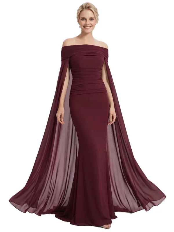 Stunning Off The Shoulder Cape Sleeves Ruched Mermaid Long Mother Of The Groom Dress sold by ChicSew