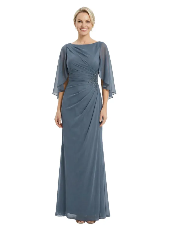 Unique Flutter Sleeves Jewel Chiffon Ruched Sheath Maxi Dress For Mother Of The Bride With Applique sold by ChicSew