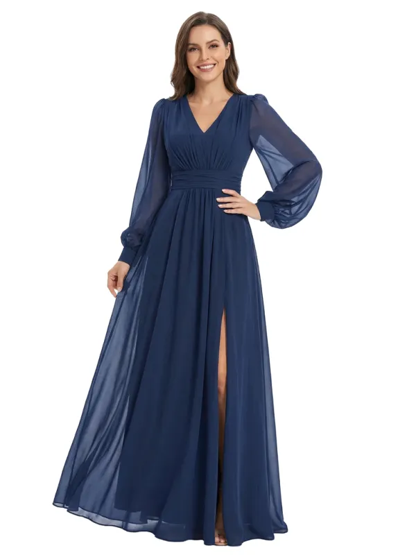 Elegant V-neck Lantern Sleeves Side Slit A-Line Chiffon Mother Of The Bride Dresses sold by ChicSew