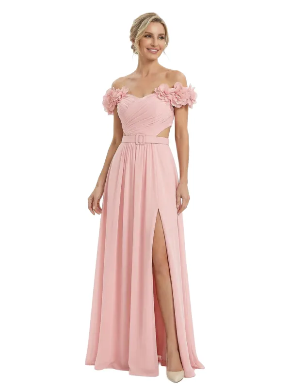 Sexy Floral Off Shoulder Sleeveless Side Slit A-Line Chiffon Mother Of The Bride Dresses sold by ChicSew