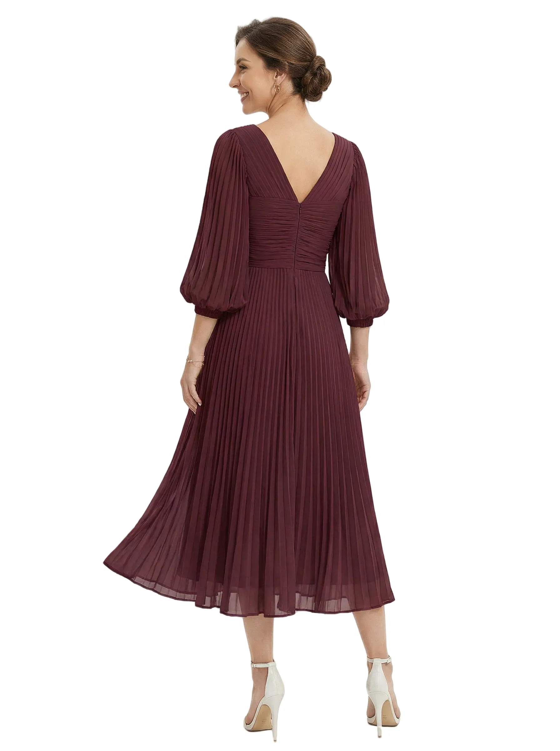 Trendy Pleated Chiffon Midi Long Sleeves V-Neck Mother Of The Bride Dresses sold by ChicSew product image thumbnail 2