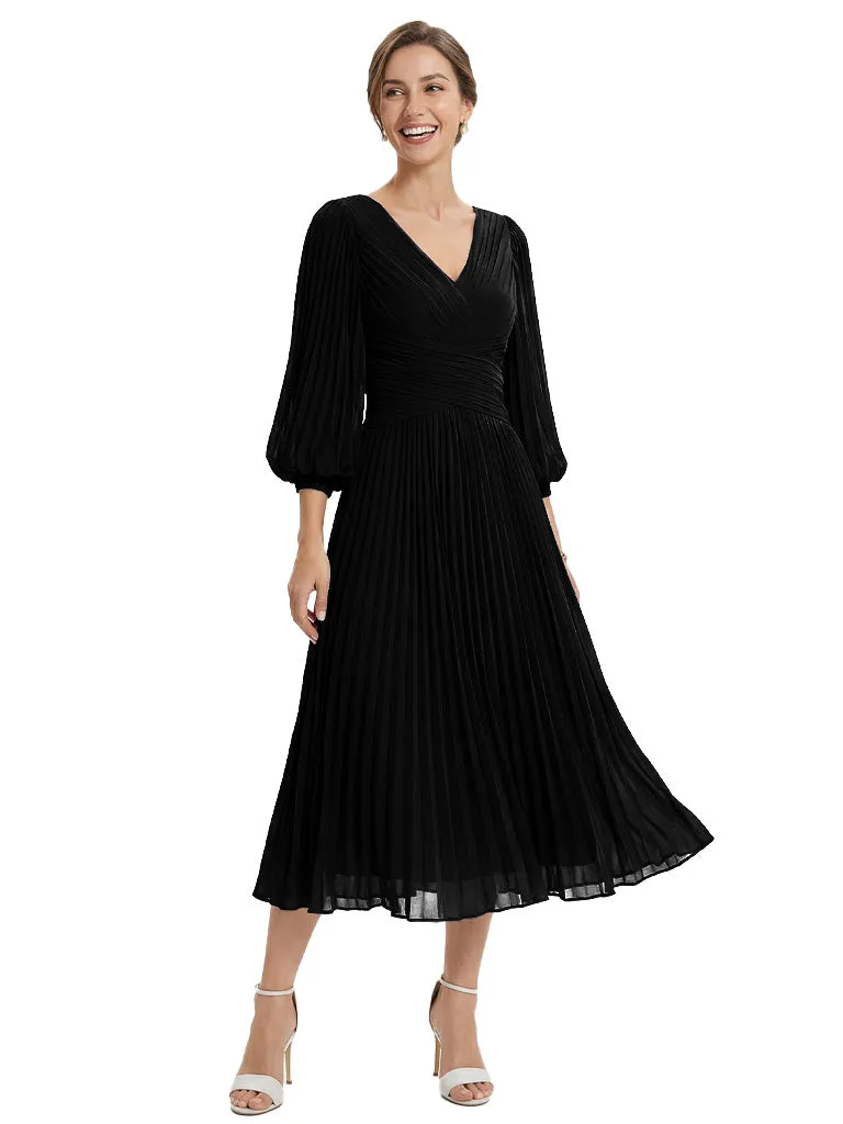 Trendy Pleated Chiffon Midi Long Sleeves V-Neck Mother Of The Bride Dresses sold by ChicSew product image thumbnail 3