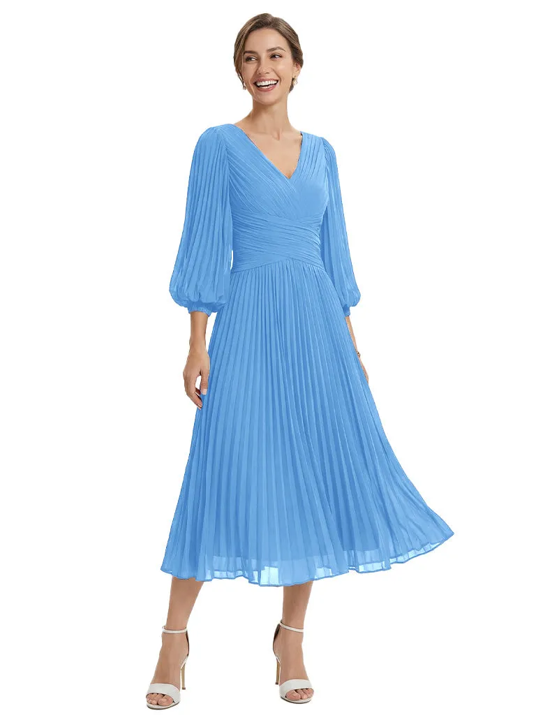 Trendy Pleated Chiffon Midi Long Sleeves V-Neck Mother Of The Bride Dresses sold by ChicSew product image thumbnail 4