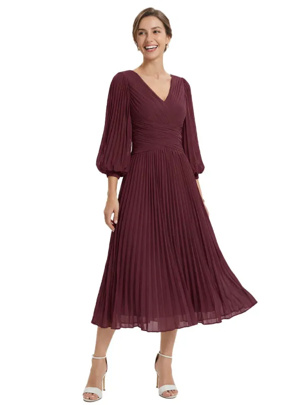 Trendy Pleated Chiffon Midi Long Sleeves V-Neck Mother Of The Bride Dresses sold by ChicSew