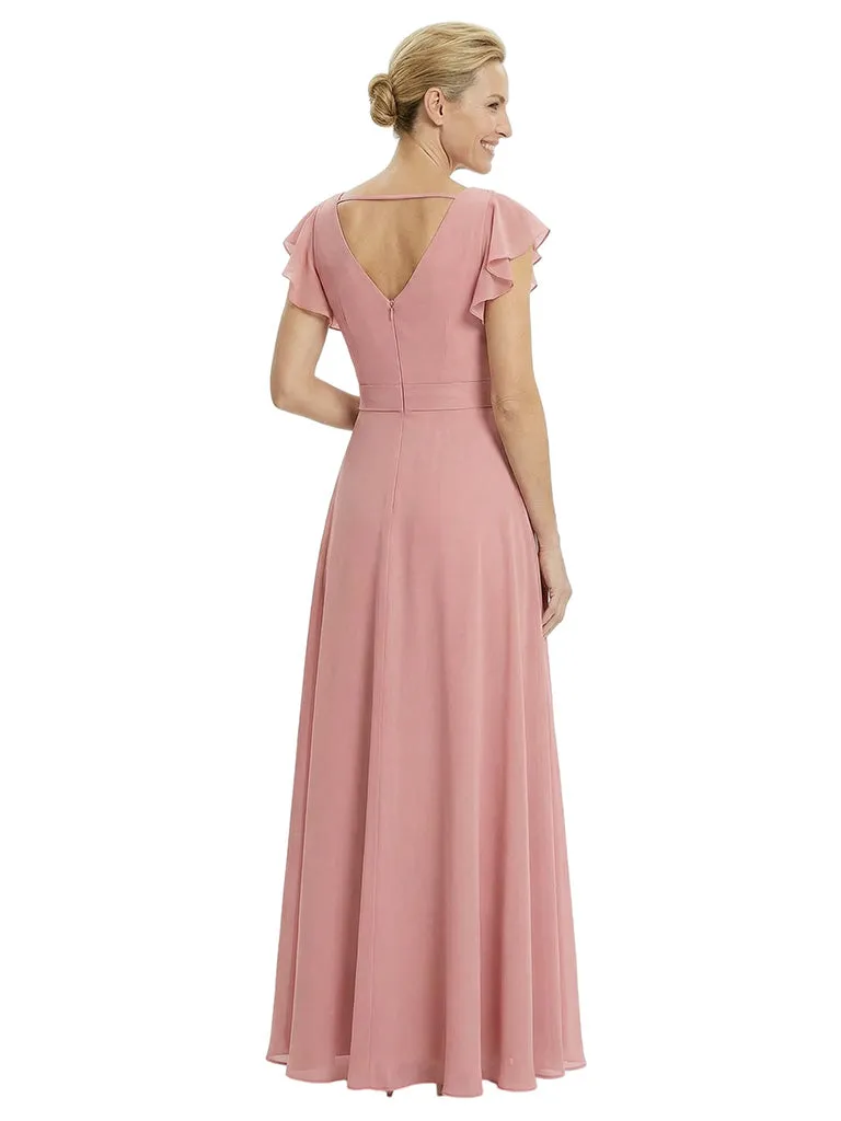 Elegant V-Neck Flutter Sleeves A-Line Chiffon Mother Of The Bride Dress With Floral Details sold by ChicSew product image thumbnail 3