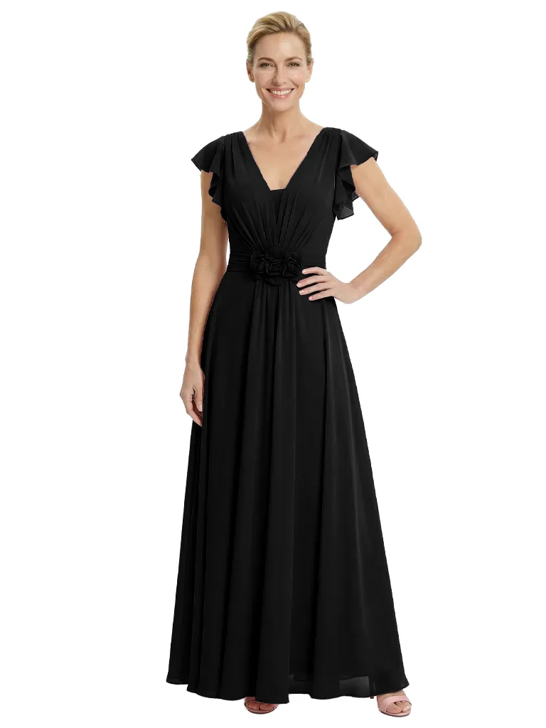 Elegant V-Neck Flutter Sleeves A-Line Chiffon Mother Of The Bride Dress With Floral Details sold by ChicSew product image thumbnail 4