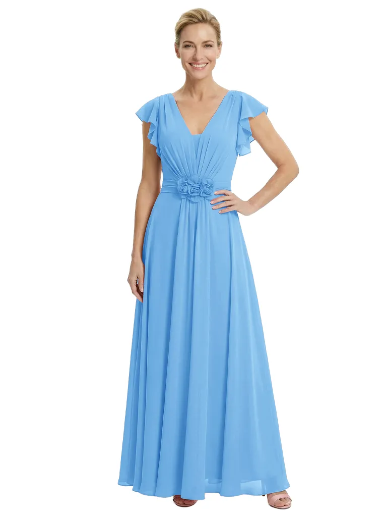 Elegant V-Neck Flutter Sleeves A-Line Chiffon Mother Of The Bride Dress With Floral Details sold by ChicSew product image thumbnail 5