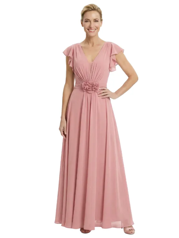 Elegant V-Neck Flutter Sleeves A-Line Chiffon Mother Of The Bride Dress With Floral Details sold by ChicSew