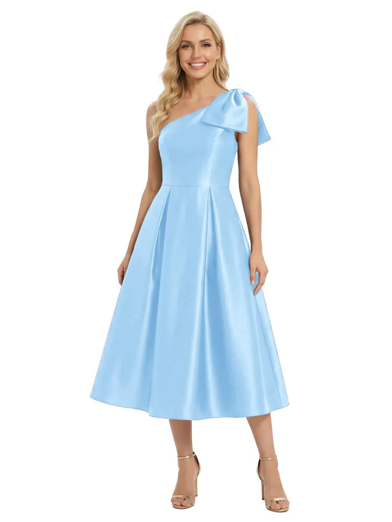 Gorgeous One Shoulder Satin Tea-Length Gown Fancy Bow-Detailed Mother of The Bride Dresses sold by ChicSew product image thumbnail 4