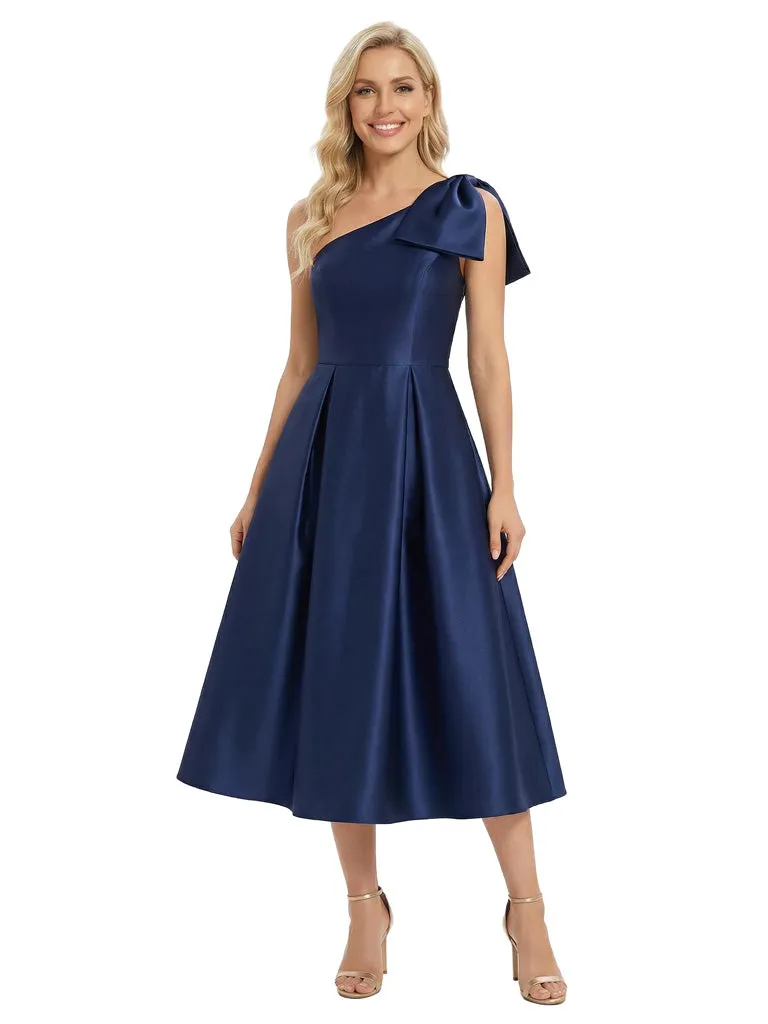 Gorgeous One Shoulder Satin Tea-Length Gown Fancy Bow-Detailed Mother of The Bride Dresses sold by ChicSew