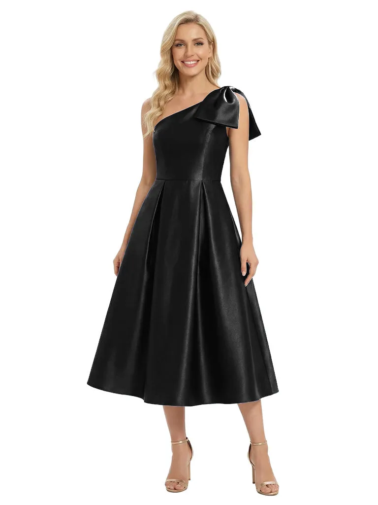 Gorgeous One Shoulder Satin Tea-Length Gown Fancy Bow-Detailed Mother of The Bride Dresses sold by ChicSew product image thumbnail 3
