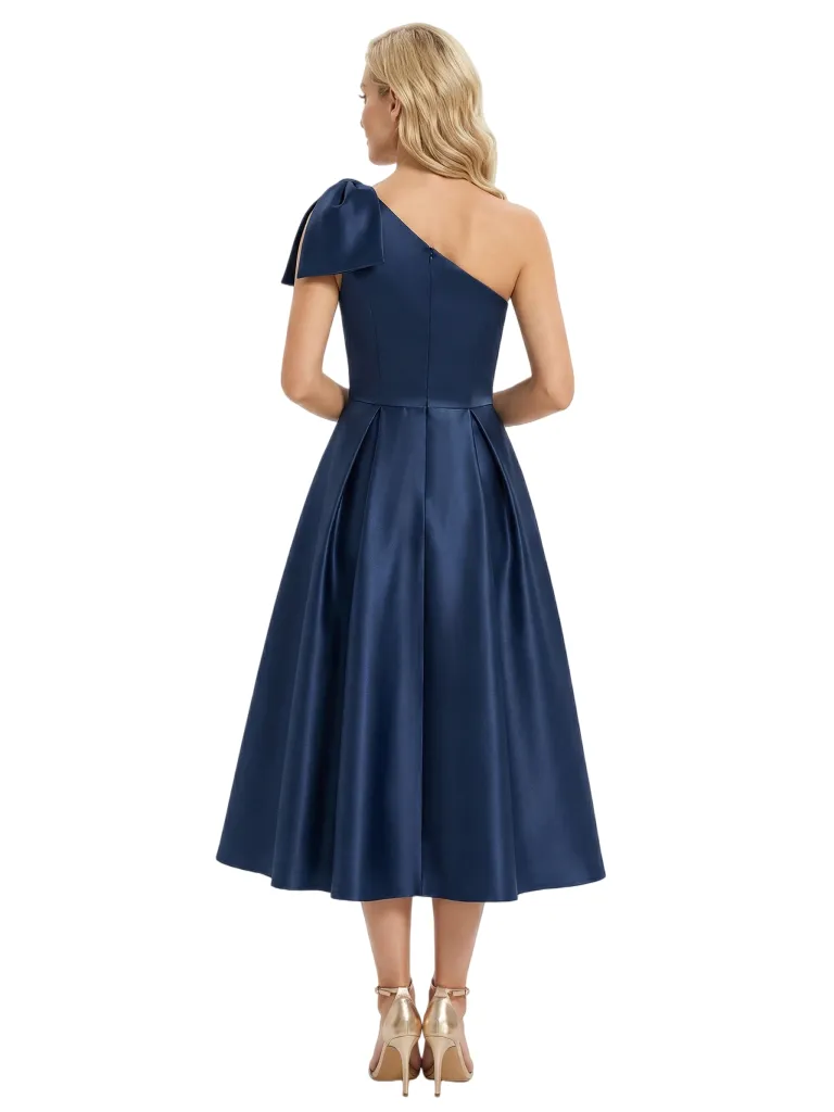 Gorgeous One Shoulder Satin Tea-Length Gown Fancy Bow-Detailed Mother of The Bride Dresses sold by ChicSew product image thumbnail 2