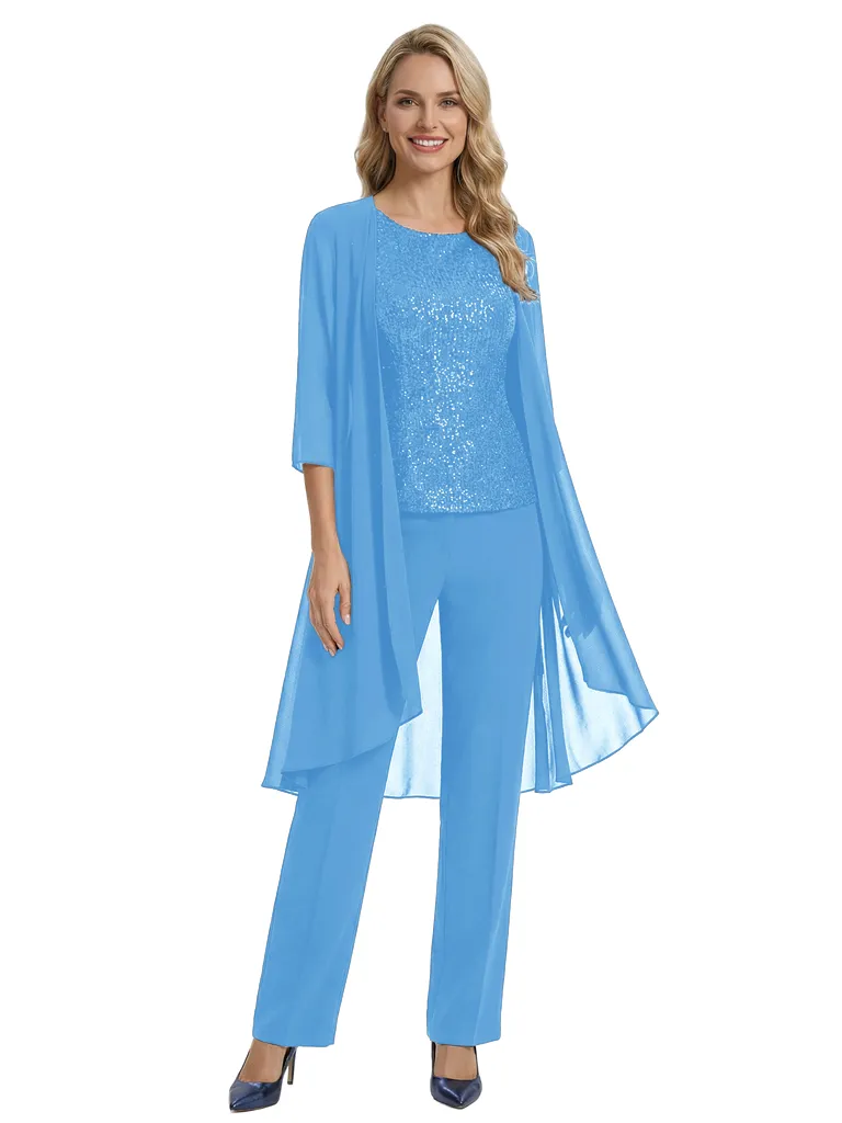 Classy Sequin Top Boat Neck 3/4 Sleeves Mother Of The Bride Pantsuit With Jacket sold by ChicSew product image thumbnail 5