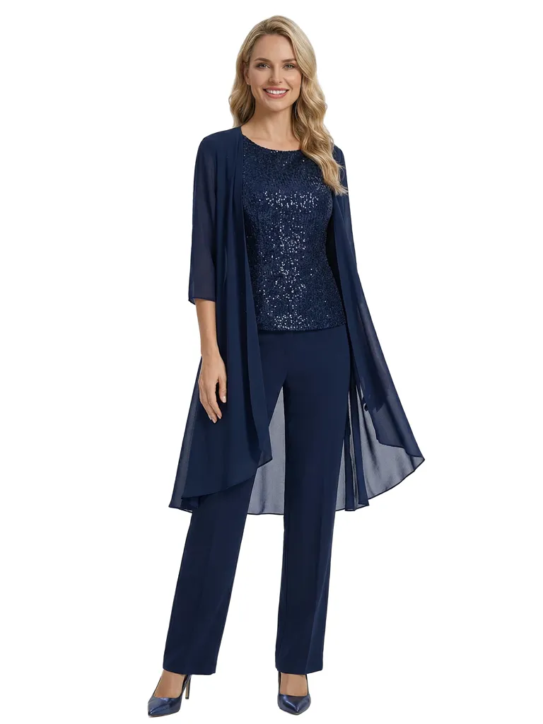 Classy Sequin Top Boat Neck 3/4 Sleeves Mother Of The Bride Pantsuit With Jacket sold by ChicSew