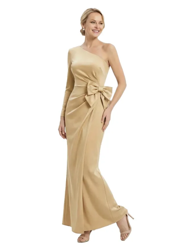 Stylish One Shoulder Long Sleeve Satin Gown With Unique Bow-Accented Formal Mother of The Bride Dresses made by ChicSew