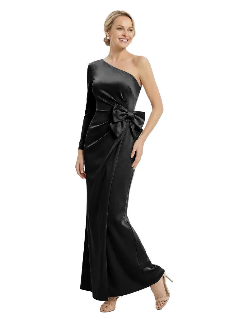 Stylish One Shoulder Long Sleeve Satin Gown With Unique Bow-Accented Formal Mother of The Bride Dresses sold by ChicSew product image thumbnail 4