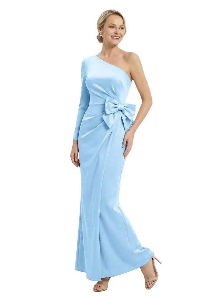 Stylish One Shoulder Long Sleeve Satin Gown With Unique Bow-Accented Formal Mother of The Bride Dresses sold by ChicSew product image thumbnail 5