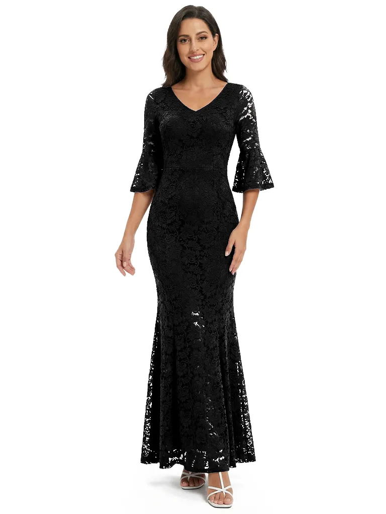 Classy V-Neck Lace Mermaid Maxi Mother Of The Groom Dress With Half Sleeves sold by ChicSew product image thumbnail 4