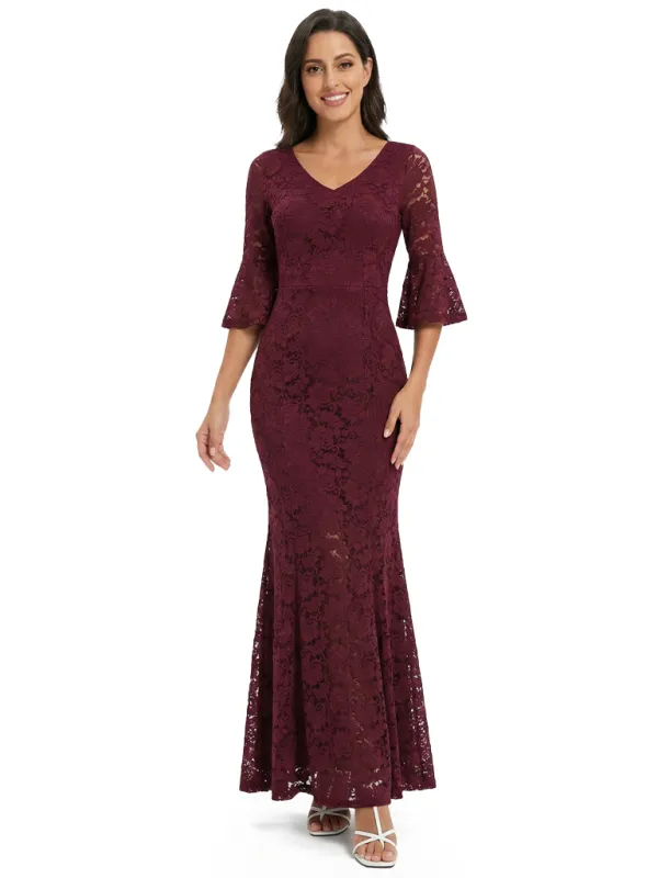 Classy V-Neck Lace Mermaid Maxi Mother Of The Groom Dress With Half Sleeves sold by ChicSew